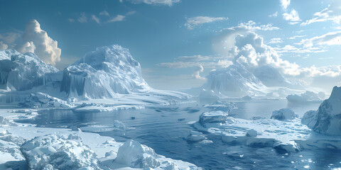 A serene winter scene of icebergs and snow-covered rocks against the sea, depicting the beauty of the icy landscape.