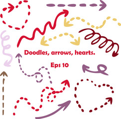 Set of hand-drawn vector arrow doodles signs.The arrows vary in size, direction. Arrow sketch sign. Eps 10