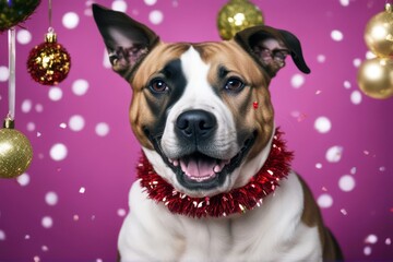 'portrait happy staffordshire confetti background new terrier dog tinsel year decoration neck christmas holiday seasonal puppy postcard greeting card cheerful smile laugh20182019 animal beagle bright'