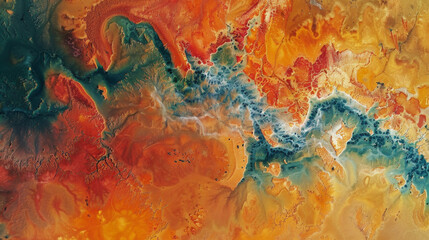 A painting of a river with a blue and orange color scheme