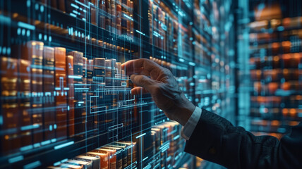 Businessman touching a digital book shelf with a hologram virtual library in the background