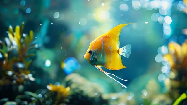 Colorful tropical fish swimming in blue water among aquatic plants