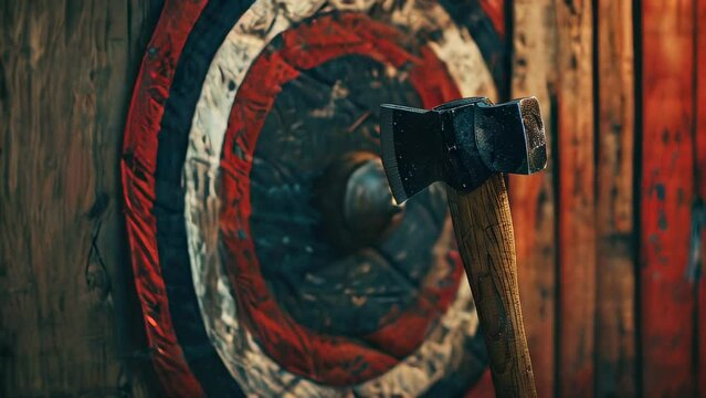 Axe embedded in colorful wooden target