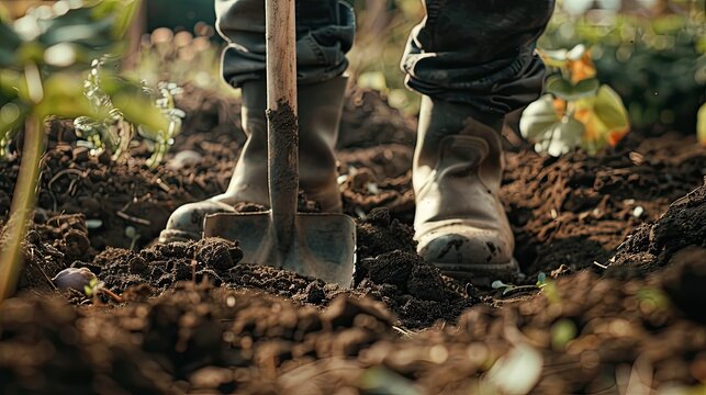 A man clad in boots is hard at work in the garden digging into the rich black soil The camera captures a close up of the shovel as it breaks ground Engaged in agricultural tasks a worker dil