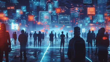 Futyristic city life. A group of people in silhouette were surrounded by glowing digital screens and holographic images representing the AI wave - obrazy, fototapety, plakaty