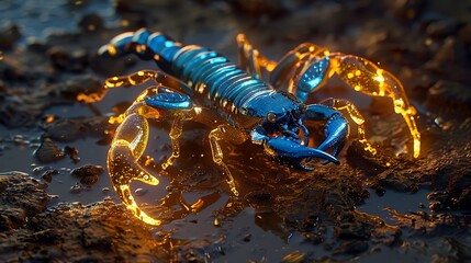 Scorpion with glowing gold and blue body, on dark wet soil background