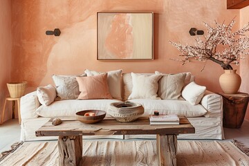Peach Perfection: Stylish Modern Decor with Central Beige Sofa and Wooden Coffee Table
