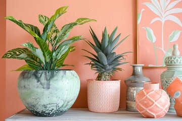 Chic Peach: Stylish Modern Decor with Green Plant Accents