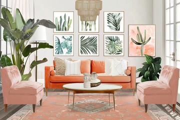 Peachy Botanical Chic: Stylish Modern Living in Trendy Interiors