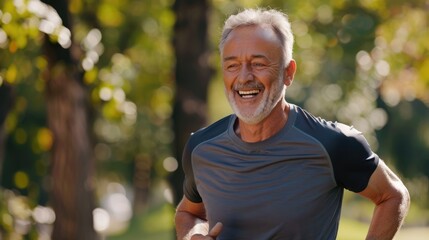 Smiling senior man jogging in the park in summer. Health, wellness and fitness concept. AI...