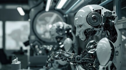 Fototapeta premium Robot working at manufacturing production factory. Technology of the future. AI Generated 