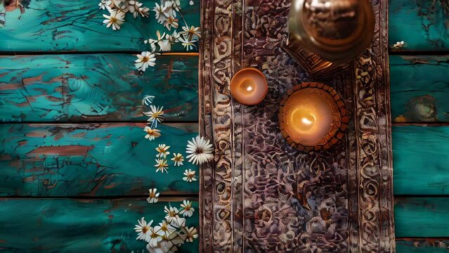 Rustic teal wooden surface with lit candles, daisies, and ornate lantern