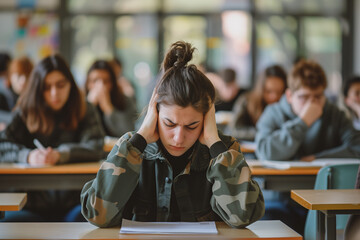 Stressed and sad young woman taking an exam, grappling with anxiety in the classroom amidst her crucial course assessment