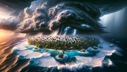 Massive storm with lightning over a serene tropical island surrounded by turbulent ocean waves.