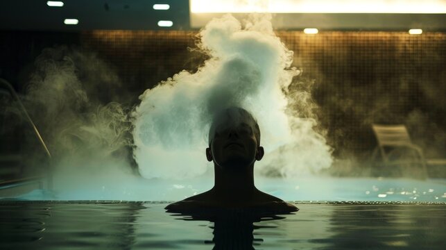 The steam from the sauna swirls around the silhouette of a person easing their aching muscles..