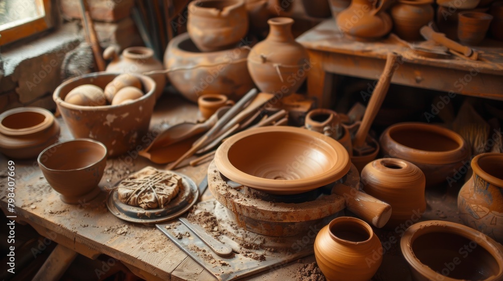 Poster a rustic potters wheel surrounded by clay and pottery tools ready for a day of creating earthy maste