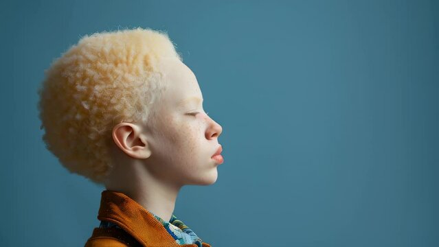 Person with albinism profile view against blue background