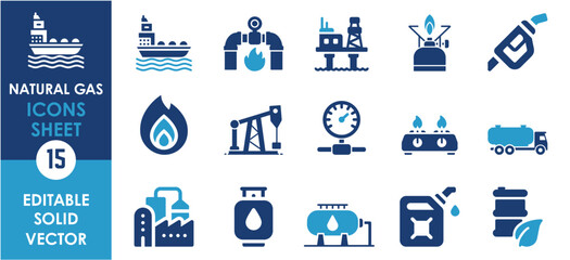 Set of 15 flat icons related to natural gas. Filled icon collection. Editable Vectors.