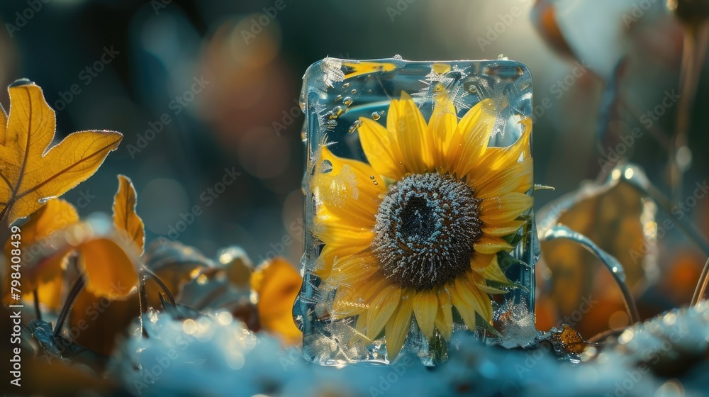 Canvas Prints The captivating image features a sunflower frozen within an ice cube surrounded by delicate air bubbles