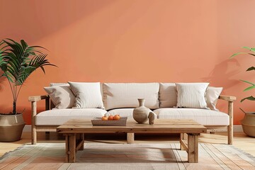 Trendy Peach Interior: Stylish Furniture & Soft Cushions in Cozy Minimalist Living Room with Urban Plant Accent