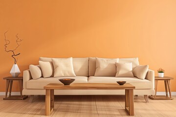 Beige Sofa Centrepiece in Trendy Peach Living Room with Modern Wooden Coffee Table