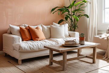 Trendy Peach Interior: Cozy Minimalist Living Room with Stylish Furniture, Soft Cushions, Wooden Coffee Table, Beige Sofa, and Urban Potted Plant