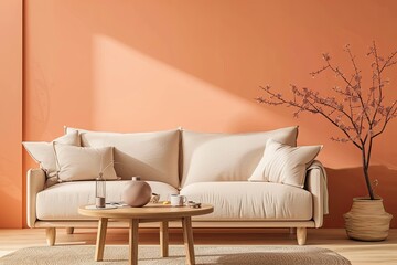 Trendy Peach Living Room: Beige Sofa Centerpiece & Modern Wooden Coffee Table