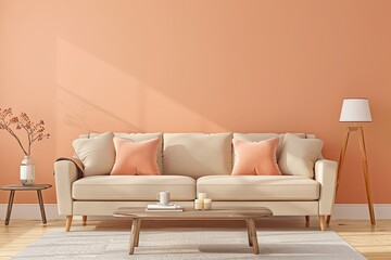 Trendy Peach Living Room: Beige Sofa Centerpiece & Modern Wooden Coffee Table