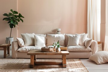 Trendy Peach Interior: Cozy Minimalist Living Room with Stylish Furniture and Lush Greenery