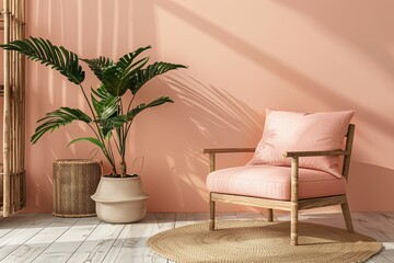Trendy Peach Living Room: Minimalist Aesthetics with Tropical Foliage