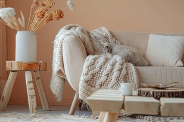 Trendy Peach Living Room: Minimal Furniture with Chunky Knit Throw on Wooden Table Centerpiece