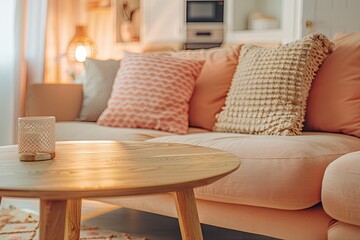 Trendy Peach Living Room with Sofa, Wooden Table, and Cozy Pink Cushion in Soft Lighting