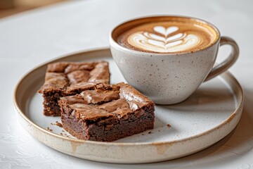 Cup of coffee with latte art with brownies on wooden table and morning sunlight with shadow through from window. Beautiful meal with warm sunlight.
