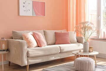 Trendy Peach-Colored Living Room with Beige Sofa and Pastel Accents
