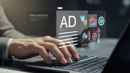 Concept of digital marketing commerce: businessman using laptop to advertise on website. preparing advertising marketing plans to target native advertising on social media, advertisers, and sales