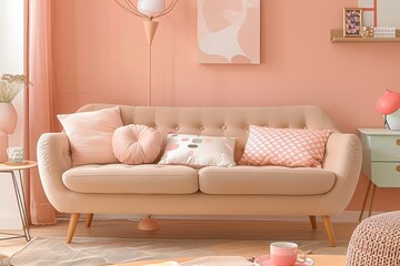 Chic Peach Lounge: Beige Sofa Centerpiece with Stylish Pastel Decor