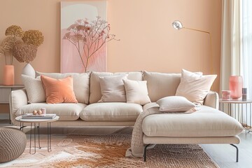 Beige Sofa Centrepiece in Stylish Peach-Colored Living Room with Chic Pastel Accents
