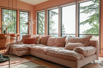 Trendy Peach-colored Living Room with Nature Views: Beige Sofa Centerpiece