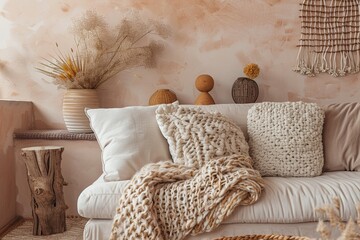 Trendy Peach-Toned Room with Plush Cushions and Chic Knit Throws