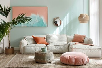 Fototapeta na wymiar Chic Urban Lounge: Sustainable Furniture in Pastel-Infused Eco-Conscious Home Design