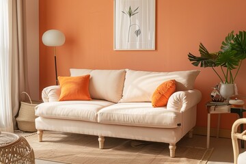 Beige Sofa in Chic Peach-Toned Living Room: Sustainable Urban Home Design