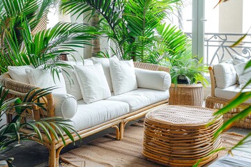 Urban Oasis Living Room Design with Sustainable Furniture and Lush Tropical Greenery