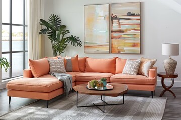 Peach Bliss: Contemporary Urban Design Living Room with Sustainable Furniture