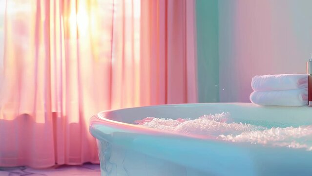 Sunlight streams through window into bathroom with filled bathtub, towels, and bottle
