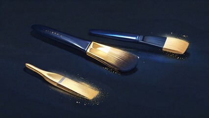 Artistry in Midnight and Gold: A Trio of Exquisite Paintbrushes with Golden Bristles Resting on a Dark Surface, Casting a Soft Glow and Tiny Sparkles