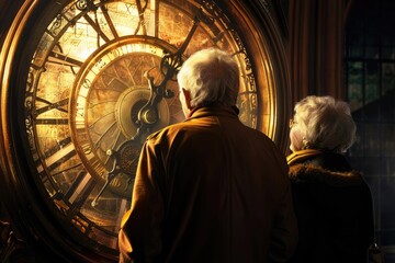 Elderly couple looking at huge clock. Two old people and their time slipping away. Concept of life passing. AI generated