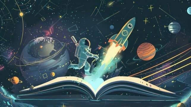 Open science book illustration, astronaut space planet theme.