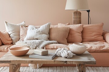 Fototapeta na wymiar Wooden Coffee Table and Peach Sofa in Trendy Peach-Toned Interior Design with Stylish Lamp and Soft Cushions