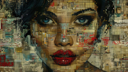 A woman's face is made up of many different colored squares and rectangles