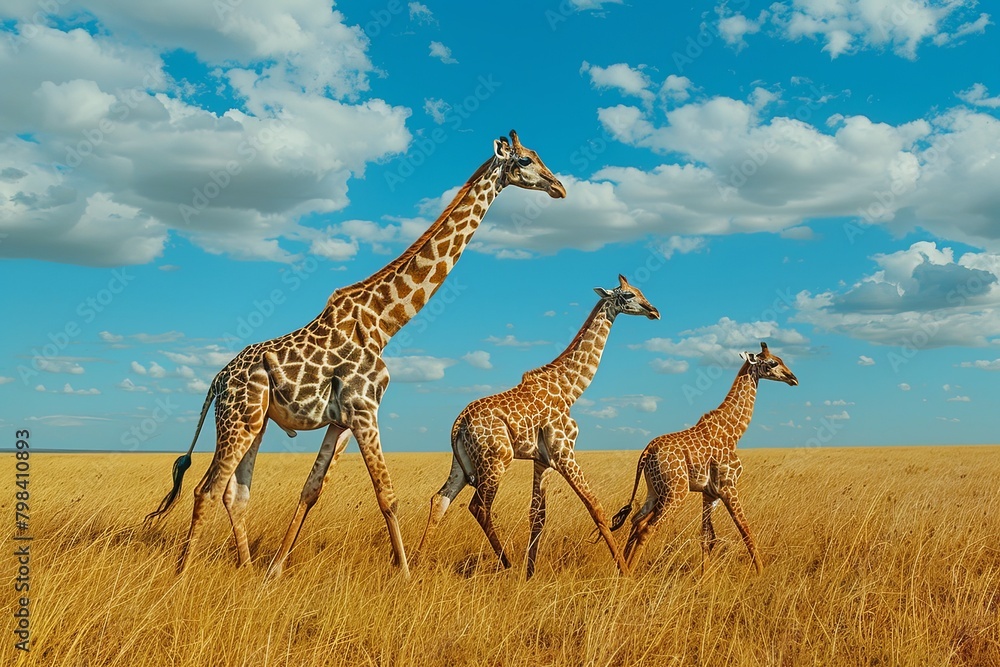 Wall mural a family of giraffes gracefully walking across the savannah, their long necks and patterned coats,